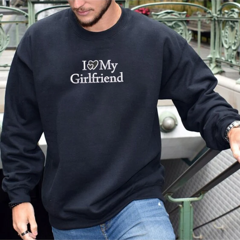 I Love My Girlfriend Embroidered Sweatshirt Hoodie, Embroidered Initials On Sleeve, Gift For Couple