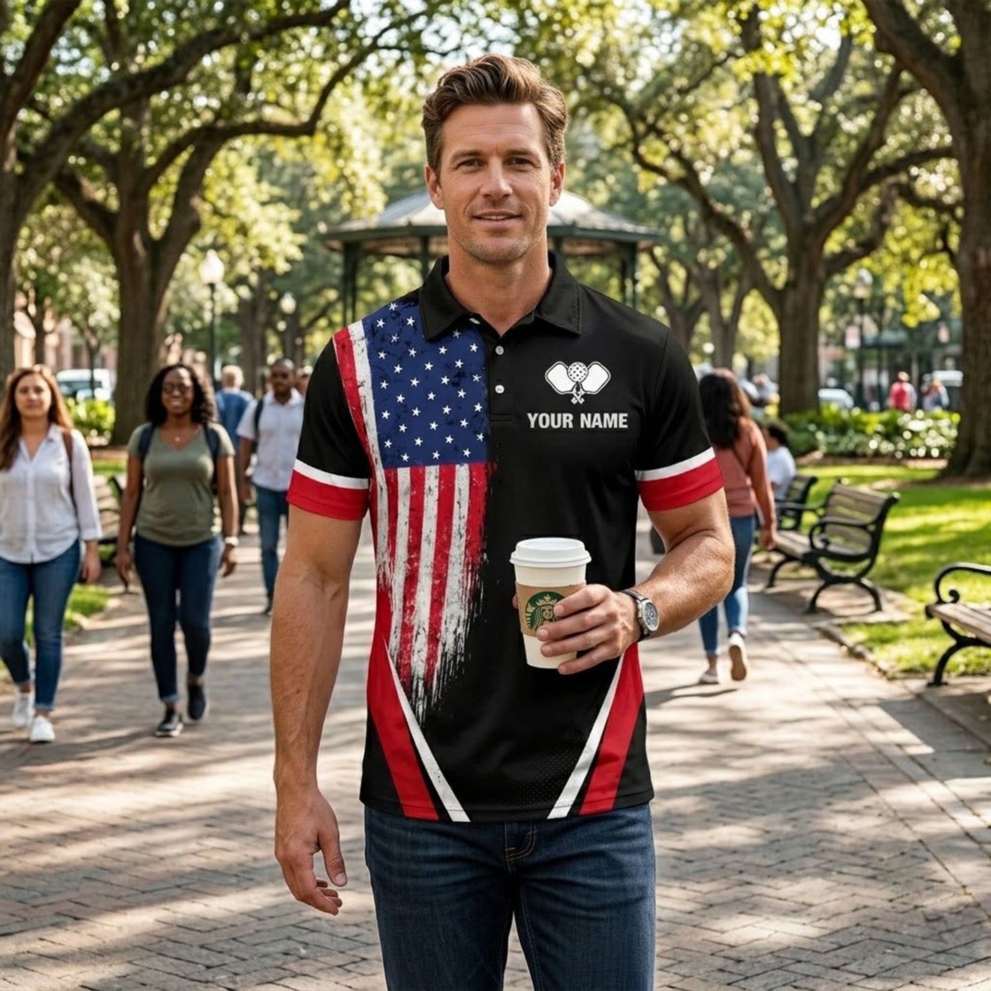 Custom Pickleball Polo Shirt USA Flag Personalized Name