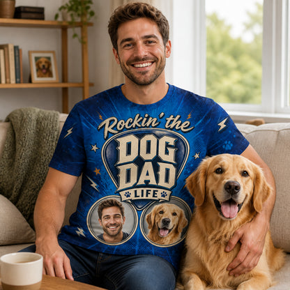 Rockin’ The Dog Dad Life – Custom Face & Pup AOP Tee - Lifestyle 1