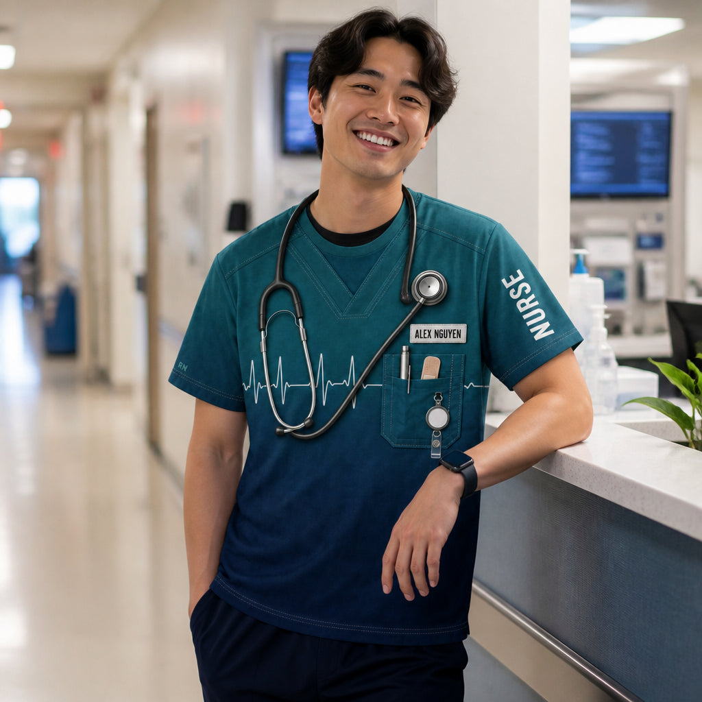 Personalized Nurse Scrubs AOP T‑Shirt with Name Patch - Personalized T-Shirt - All Over Printed 6d242b50-04c6-4dca-85d4-992d1a3a79e0.jpg