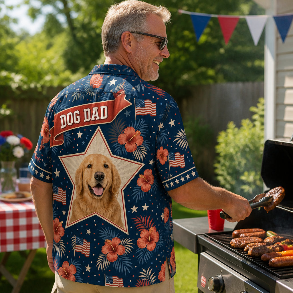 Patriotic Dog Dad Hawaiian Shirt — Custom Pet Photo - Lifestyle 2