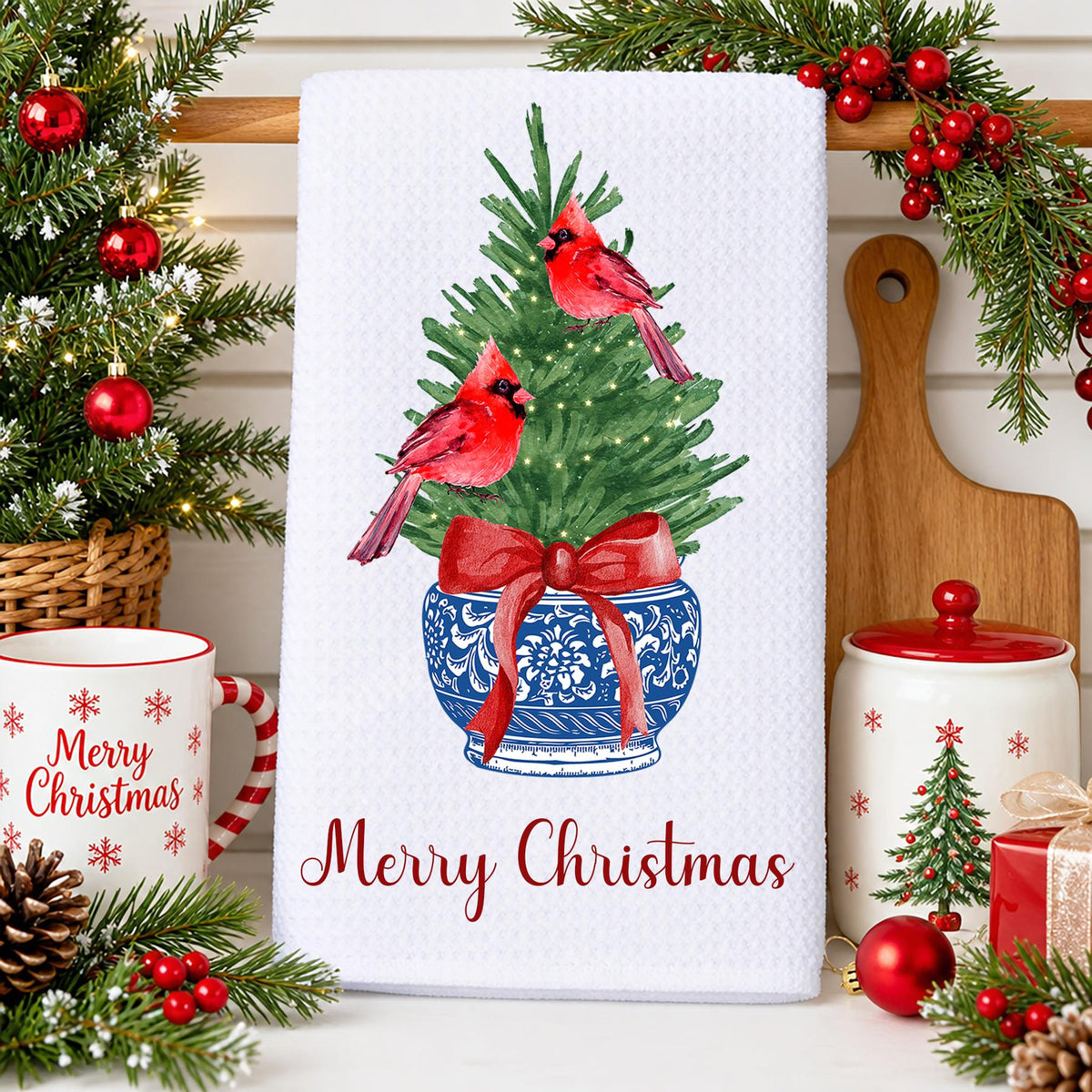 Personalized Chinoiserie Cardinal Christmas Tree Dish Tea Hand Kitchen Towel, Kitchen Decor Gift- Winter Decor-Housewarming Hostess Gift 6f09c7e7-657b-4156-bd20-09b9044eb423-1.jpg