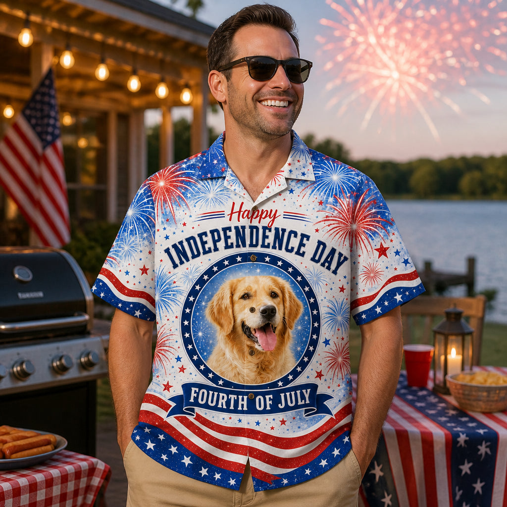 Independence Day Fireworks Pet Photo Hawaiian Shirt - Lifestyle 1