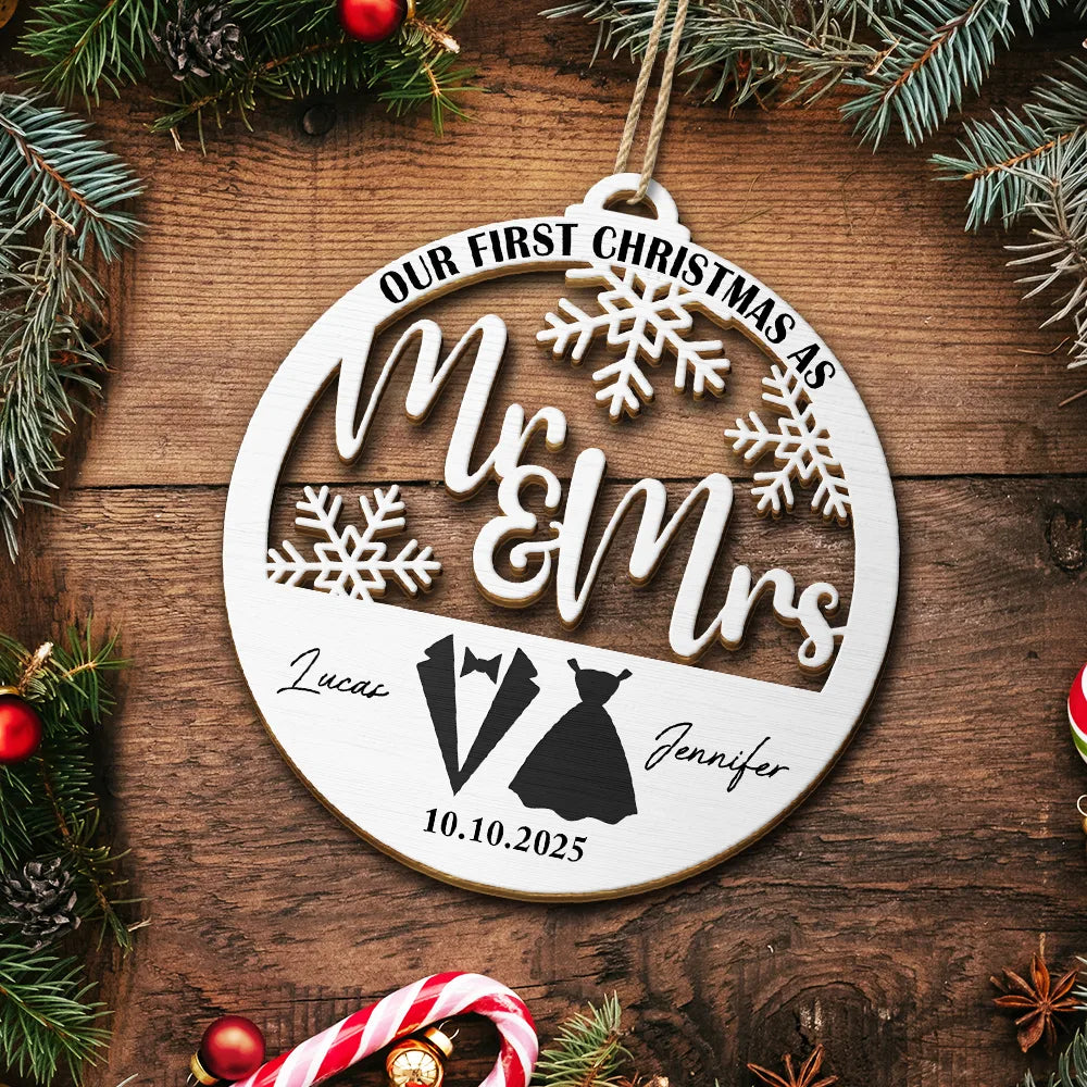 First Christmas Couple Merry & Married - Personalized Custom Shaped Wooden Ornament 70fae44b-364b-48d2-9b3a-132bbbf2b910-AT1754-CIN3607-MK-4.jfif