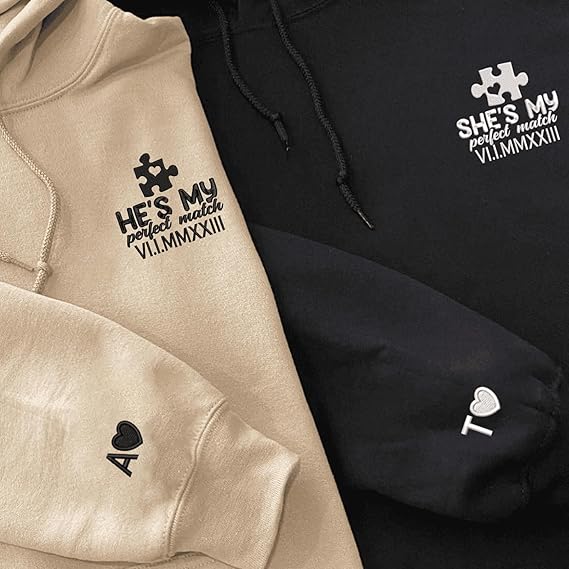 Custom Embroidered Perfect Piece and Roman Numeral Sweatshirt and Hoodie, Custom Name for Couple, Embroidered Custom Aniversary Date and Initial Hearts, Gifts for Him Her, Matching Couples 71cgHJ52r1L._AC_SX569.jpg