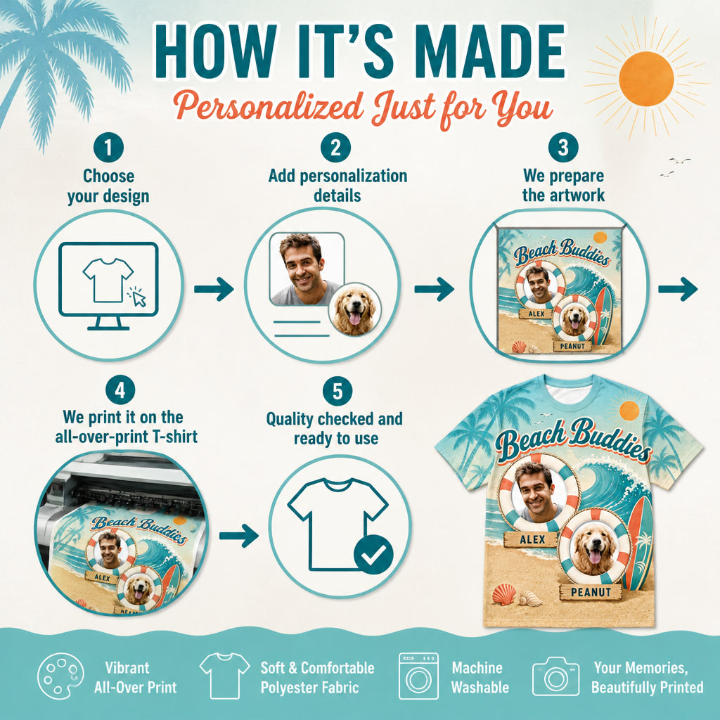 Beach Buddies — Custom Person + Pet Photo AOP T‑Shirt - How to customize