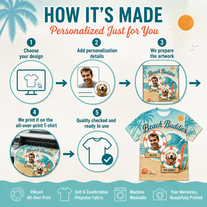 Beach Buddies — Custom Person + Pet Photo AOP T‑Shirt - How to customize