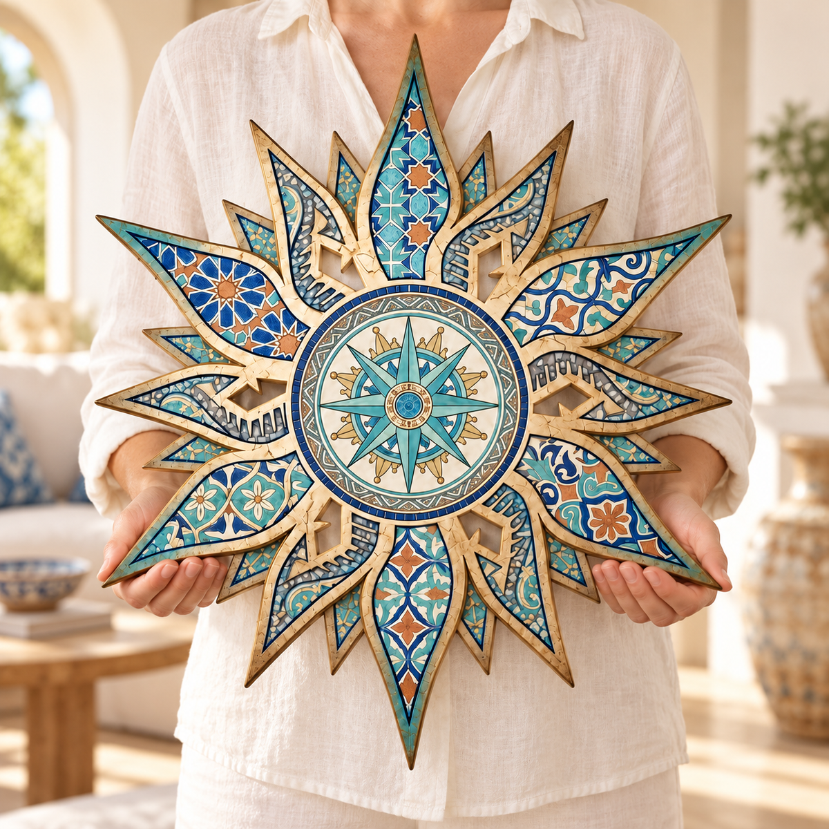 Mediterranean Mosaic Garden Sculpture, Celestial Sun Metal Wall Art, Turquoise Patina Sunburst Plaque, Outdoor Patio Southwest Decor, Unique Gift, Garden Gift 744d4f72-6780-4c1c-874f-24ad36d0292e-Bi-n-kim-lo-i-la-b-n-m-t-tr-i-4.png