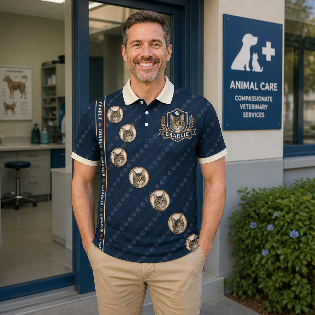 Custom Cat Photo + Name AOP Polo - Lifestyle 1