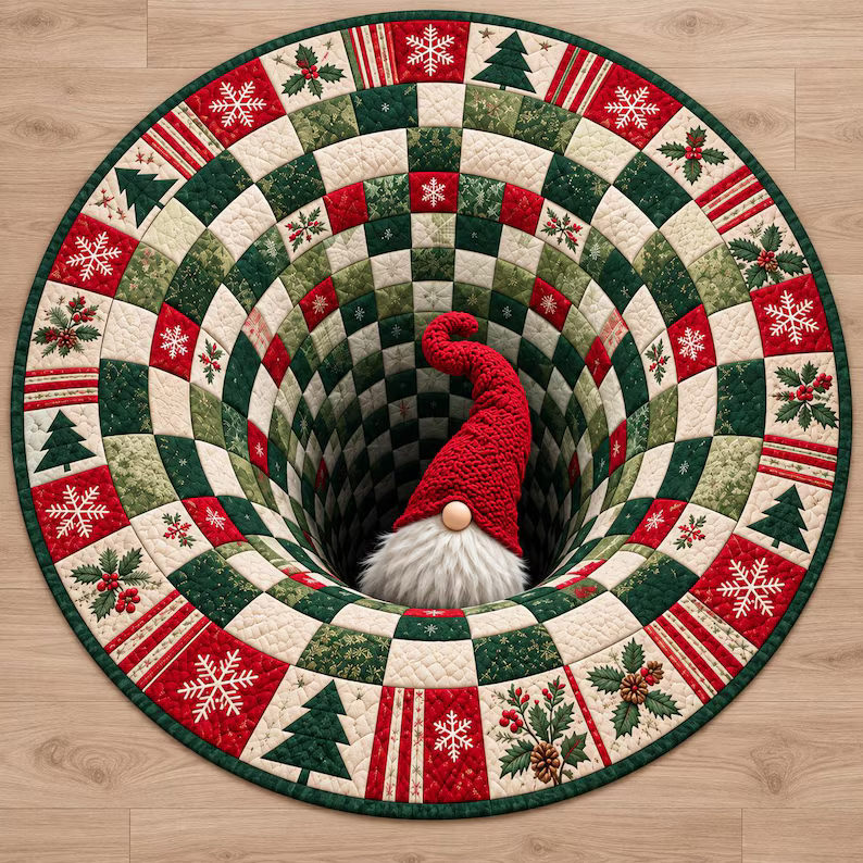 Christmas Gnome 3D Illusion Round Rug, Festive Patchwork Optical Illusion Carpet, Red Green Holiday Area Rug, Winter Home Decor 75dacca6-4951-443d-ad8d-69c59a49c6b1-d3.png
