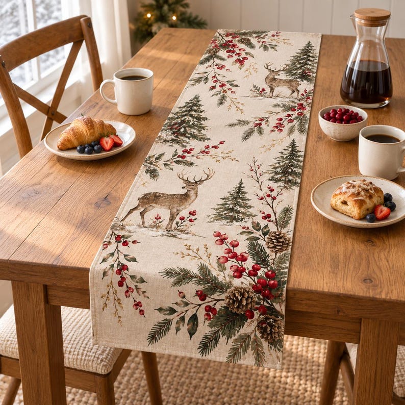 Christmas Table Runner, Woodland Deer Holiday Decor, Botanical Reindeer Runner, Elegant Rustic Christmas Dining Gift 7628d197-2b06-493c-a558-92d5fa18710b--4.jpg