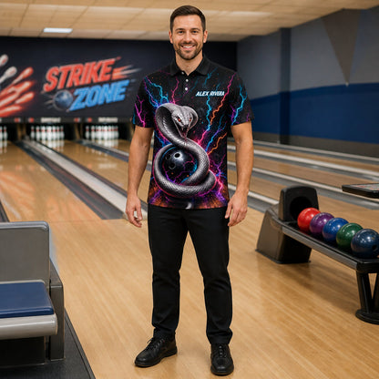Personalized Strike Like a Snake Bowling Polo Shirt – Custom Name, All-Over Print