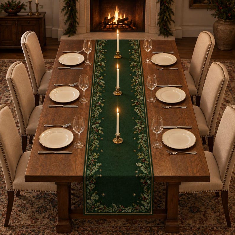 Dark Green Botanical Christmas Table Runner, Faux Linen Evergreen Table Decor, Rustic Holiday Dining Room Accent 77de1b3b-58c6-44fa-949f-47cd8e0eab4c-a5.jpg