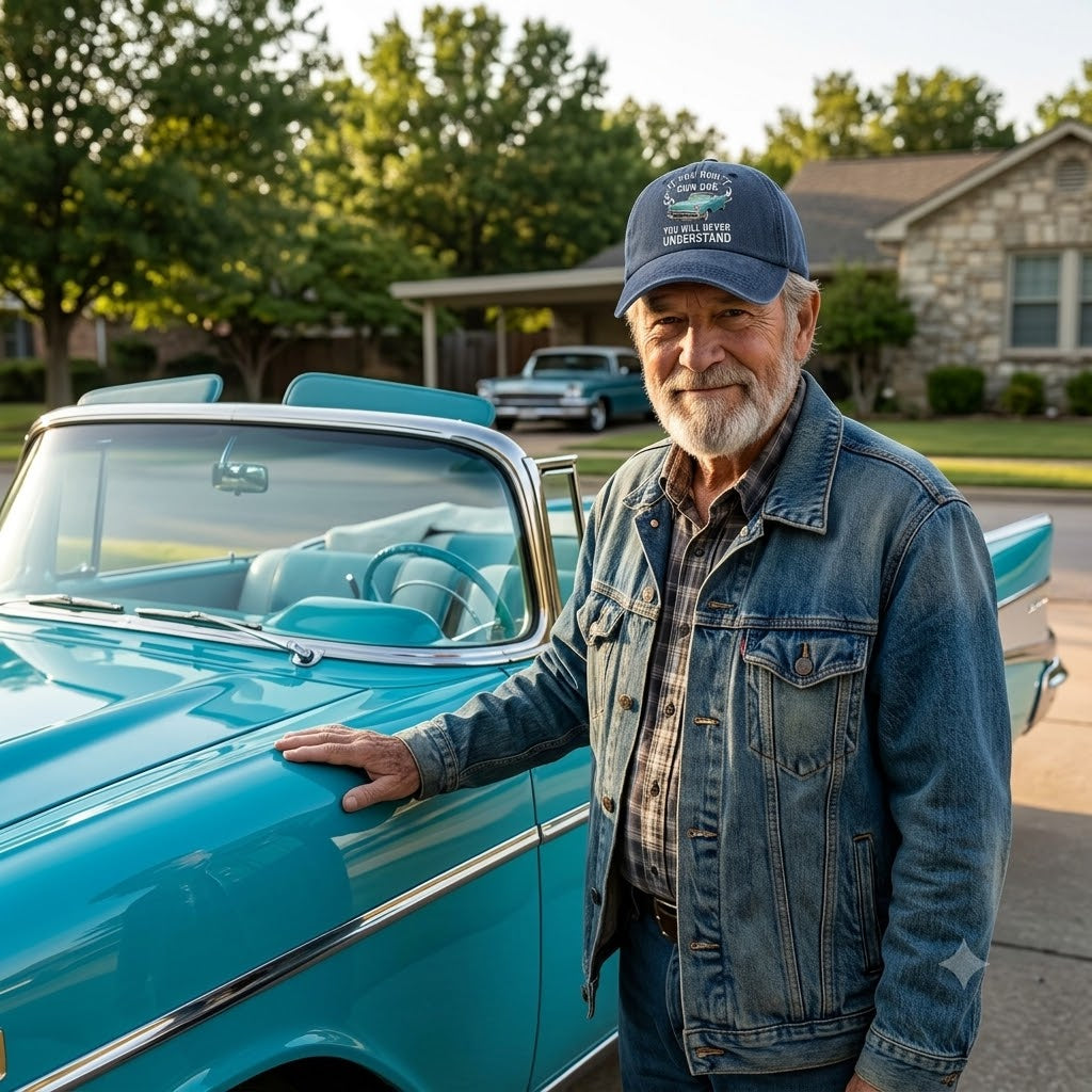 Personalized Washed Denim Baseball Cap with Classic Car Graphic, Unique Gift for Car Lovers