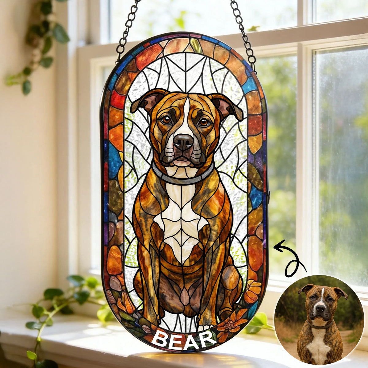 Portrait Dog Cat Family - Personalized Rounded Rectangle Stained Glass Suncatcher