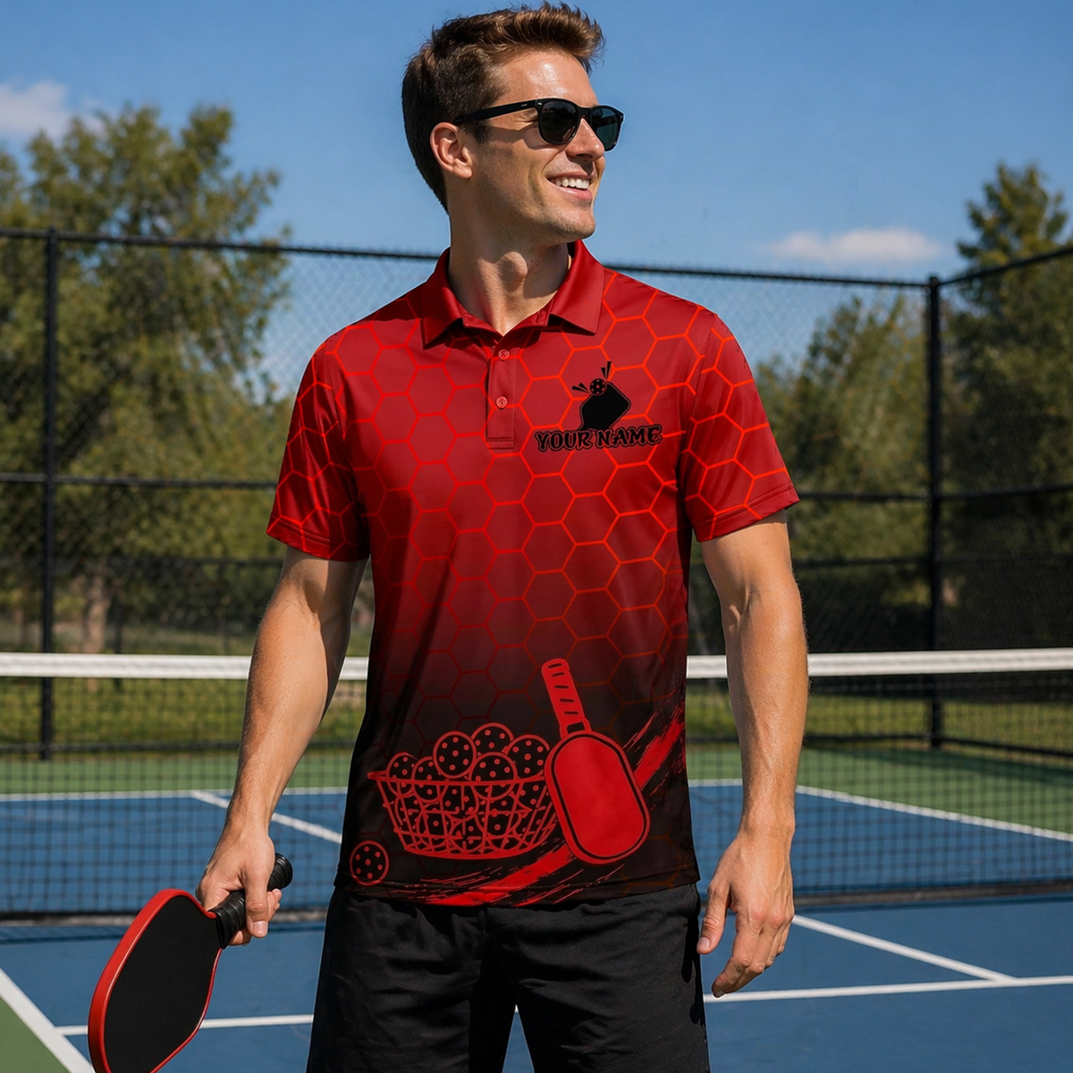 Custom Pickleball Red Hex Polo Shirt