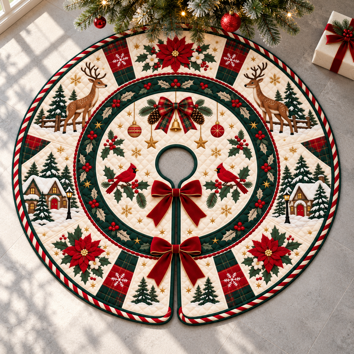 Quilted Christmas Tree Skirt, Reindeer Cardinal Tree Skirt, Poinsettia Winter Decor, Red Green Plaid Rustic Holiday Tree Mat 7a118b95-2fef-43f5-90d6-f4c442c089e6-Quilted-Christmas-tree-skirt-with-cardinals-2.png