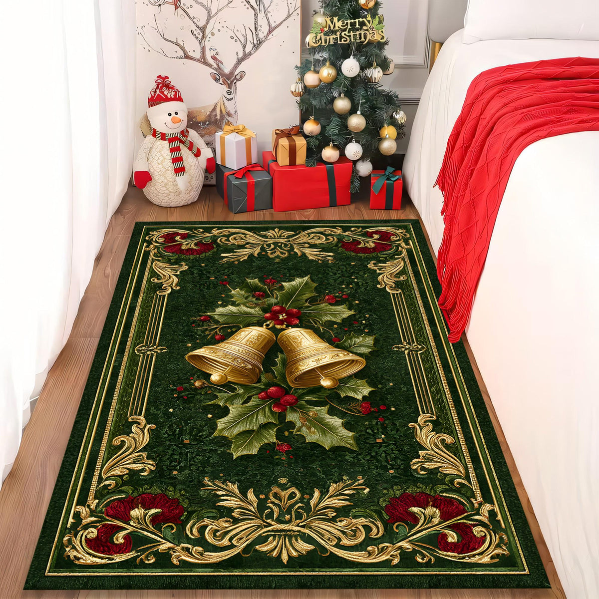 Elegant Christmas Bell Rug, Green Gold Holiday Carpet with Holly Leaves, Red Berries and Festive Home Decor Design 7c231be6-b37e-40ac-8f3d-f0eb1598527b-3.jpg