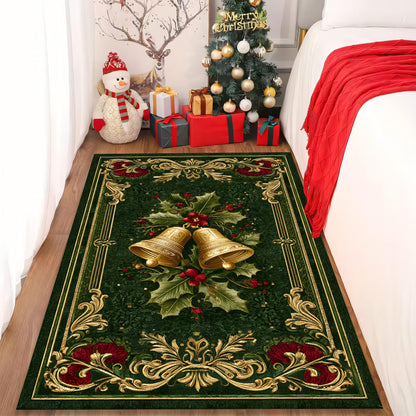 Elegant Christmas Bell Rug, Green Gold Holiday Carpet with Holly Leaves, Red Berries and Festive Home Decor Design 7c231be6-b37e-40ac-8f3d-f0eb1598527b-3.jpg