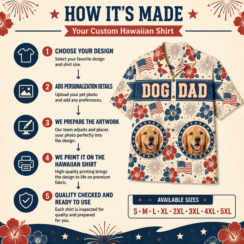 Patriotic Dog Dad Hawaiian Shirt – 2 Pet Photo Edition - How it is made