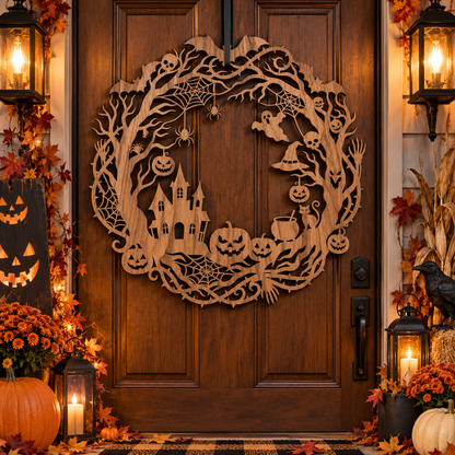 Haunted Hollow Halloween Wood Sign – Spooky Wood Sign Haunted House Wreath with Ghosts, Pumpkins & Bats, Gothic Front Door Decor 7fdc7d4a-0dd0-4e93-ac3b-1eec1b40a257-7.png