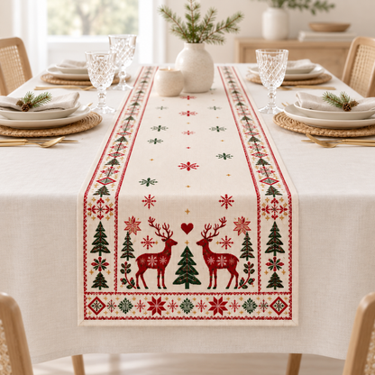 Nordic Reindeer Christmas Table Runner, Scandinavian Holiday Table Decor, Rustic Winter Dining Table Linen 80495f1b-e15c-4637-890d-f6b4fd66d97c-Ivory-Scandinavian-Christmas-table-runner-2.png