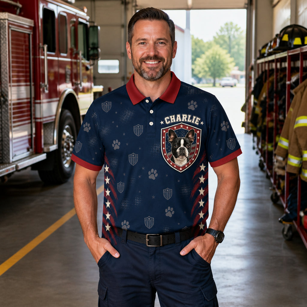 Patriotic Pet Crest — Custom Photo AOP Polo - Lifestyle 1