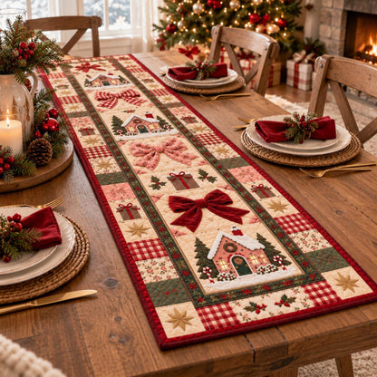 Christmas Quilt-Style Table Runner, Gingerbread House, Red Bow Holiday Decor 83890071-a675-416b-988a-8042d12f353b-1.jpg