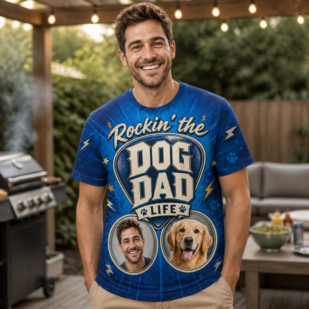Rockin’ The Dog Dad Life – Custom Face & Pup AOP Tee - Lifestyle 2