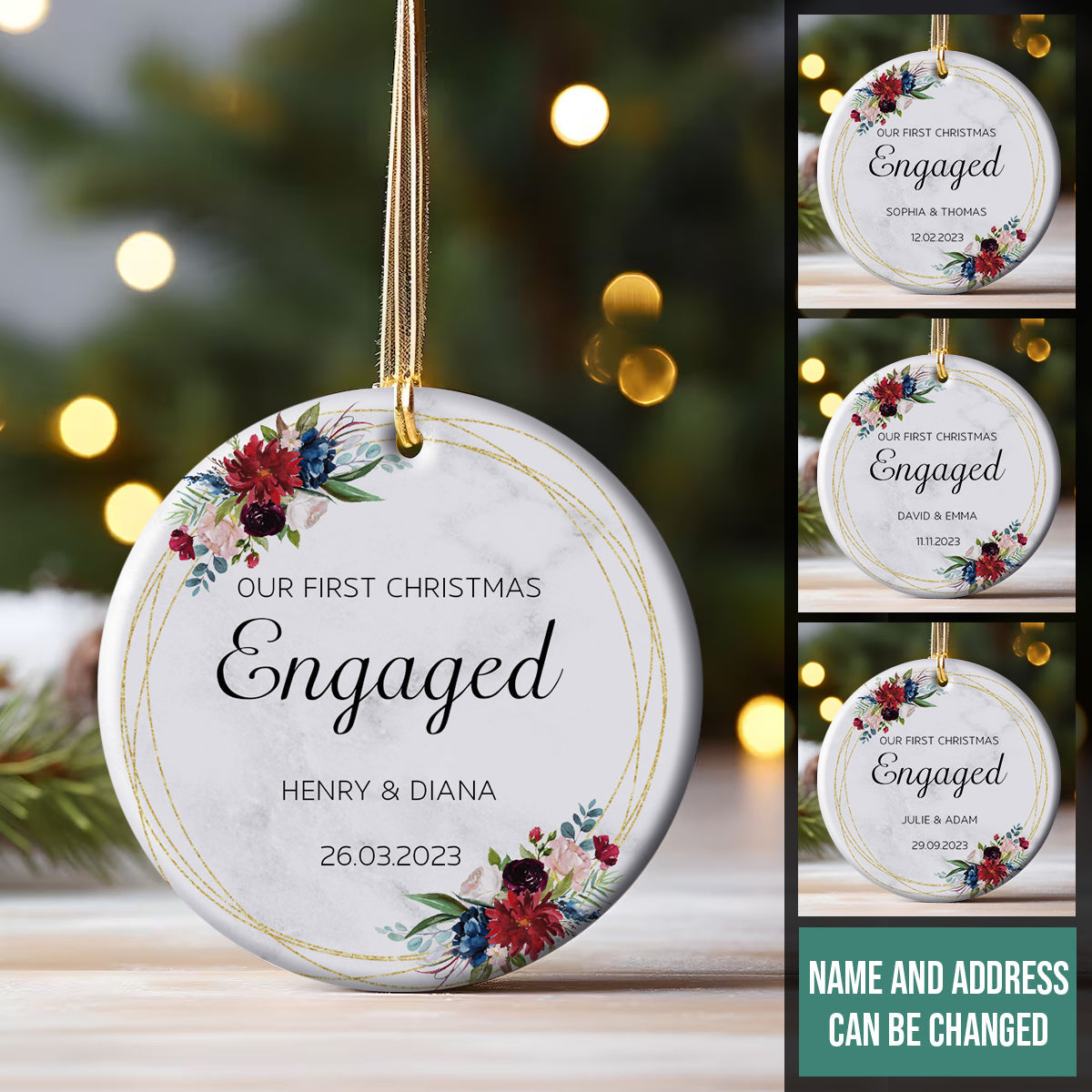 First Christmas Engaged Tropical Flowers - Personalized Ornament - Christmas Gift 87.1.jpg