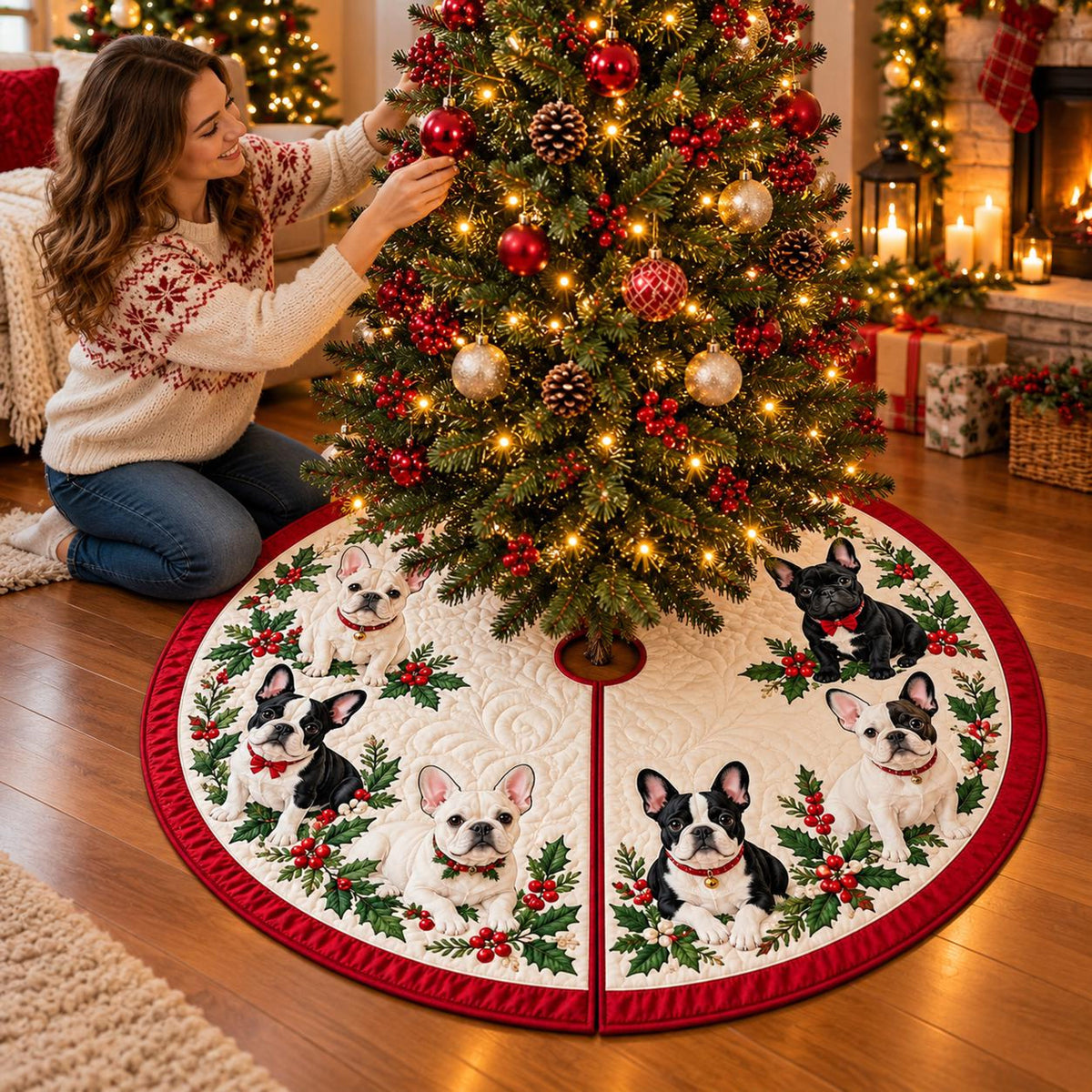 Quilted French Bulldog Christmas Tree Skirt – Festive Frenchie Design with Holly & Red Bows, Cozy Holiday Decor, Christmas Gift for Dog Lovers 87bde0b0-3da9-41da-8639-ba7d30a239a9-3.jpg