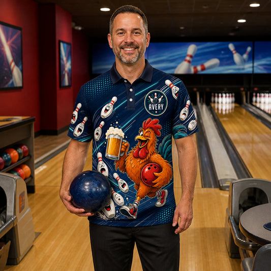 Personalized Rooster Bowling Polo Shirt – Custom Name, All-Over Print