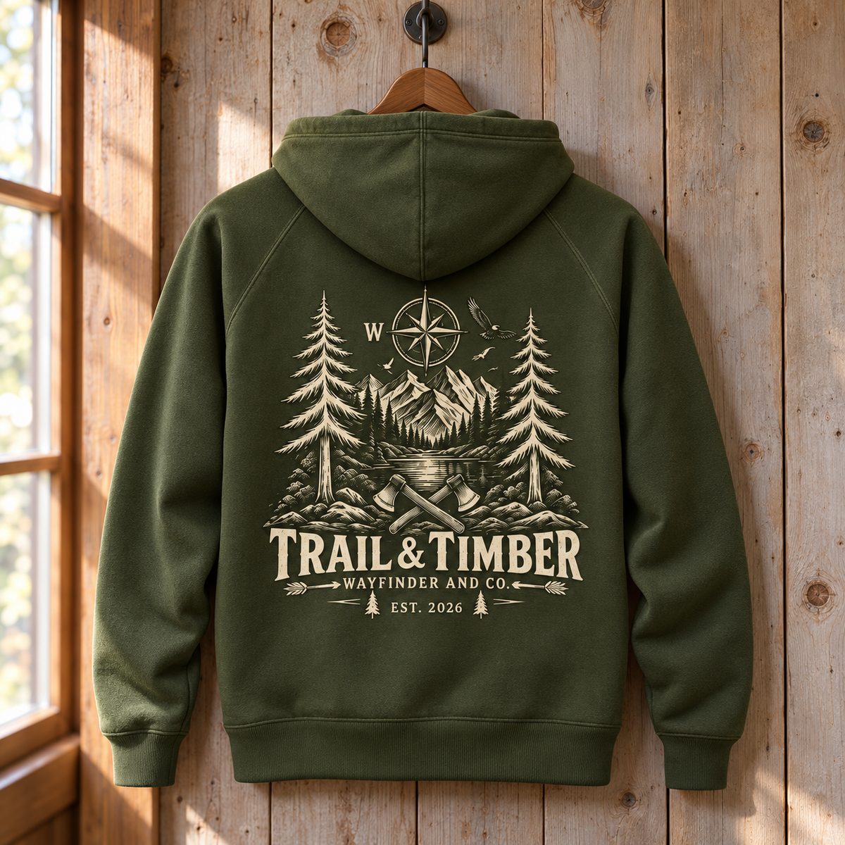Trail and Timber Mountain Hoodie Outdoor Hiking Sweatshirt Camping Forest Adventure Pullover Wayfinder and Co Gift for Hikers, Unique Gift 892be593-186b-4545-b9f6-3868c7bf6749-Hoodie-olive-treo-tr-n-m-c-g-3.png