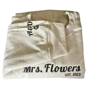 Custom Mrs Sweatshirt Embroidered, Bride Gifts for Honeymoon Wedding Day with Initial Heart or Roman Date on Sleeve