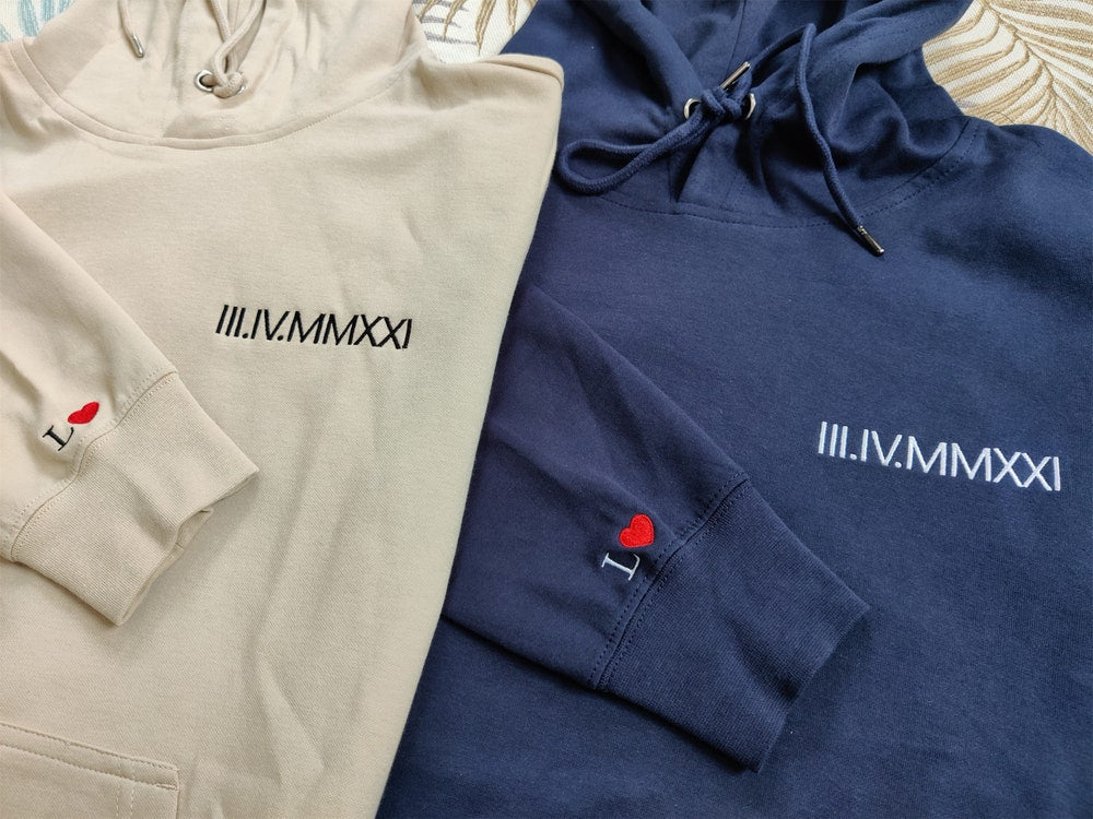 Personalized Roman Numeral Anniversary Sweatshirt, Custom Embroidered Date Hoodies, Matching Couple Wedding Crewneck, Beige Khaki Hoodie 8_c58cb155-bcc5-4685-8a92-7cab195fcffe.jpg