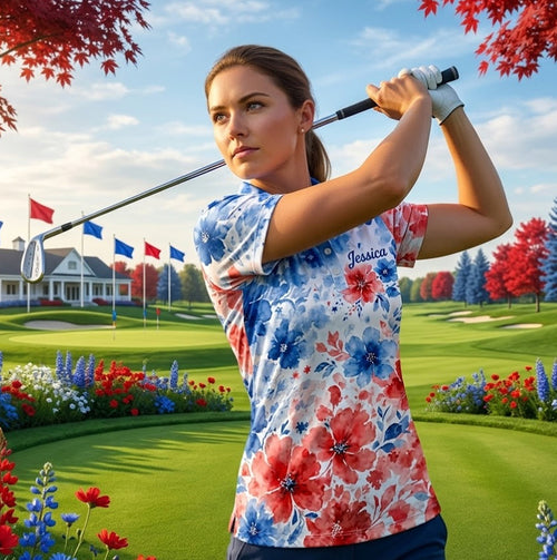 Red, White & Blue Watercolor Floral Name Polo - Personalized Polo shirt - All over printed 8a.jpg