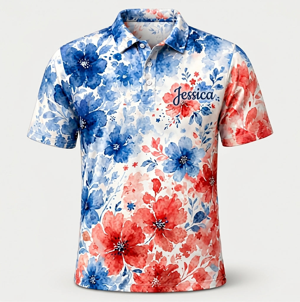 Red, White & Blue Watercolor Floral Name Polo - Personalized Polo shirt - All over printed 8b.jpg
