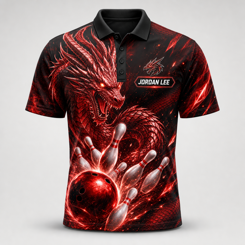 Personalized Fire Dragon Bowling Polo Shirt – Custom Name, All-Over Print