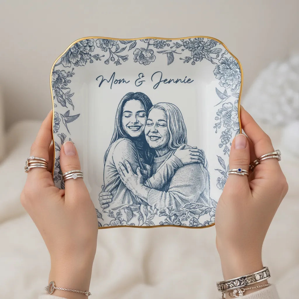 Custom Photo Pencil Sketch Loving Couple Family Pet - Personalized Ring Dish