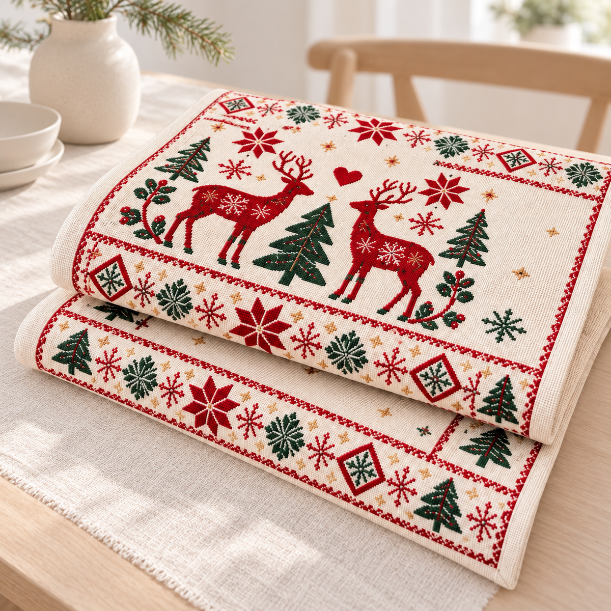 Nordic Reindeer Christmas Table Runner, Scandinavian Holiday Table Decor, Rustic Winter Dining Table Linen 8cb8f046-33fe-4911-b858-b09b8b3191aa-Ivory-Christmas-runner-in-airy-daylight-8.png