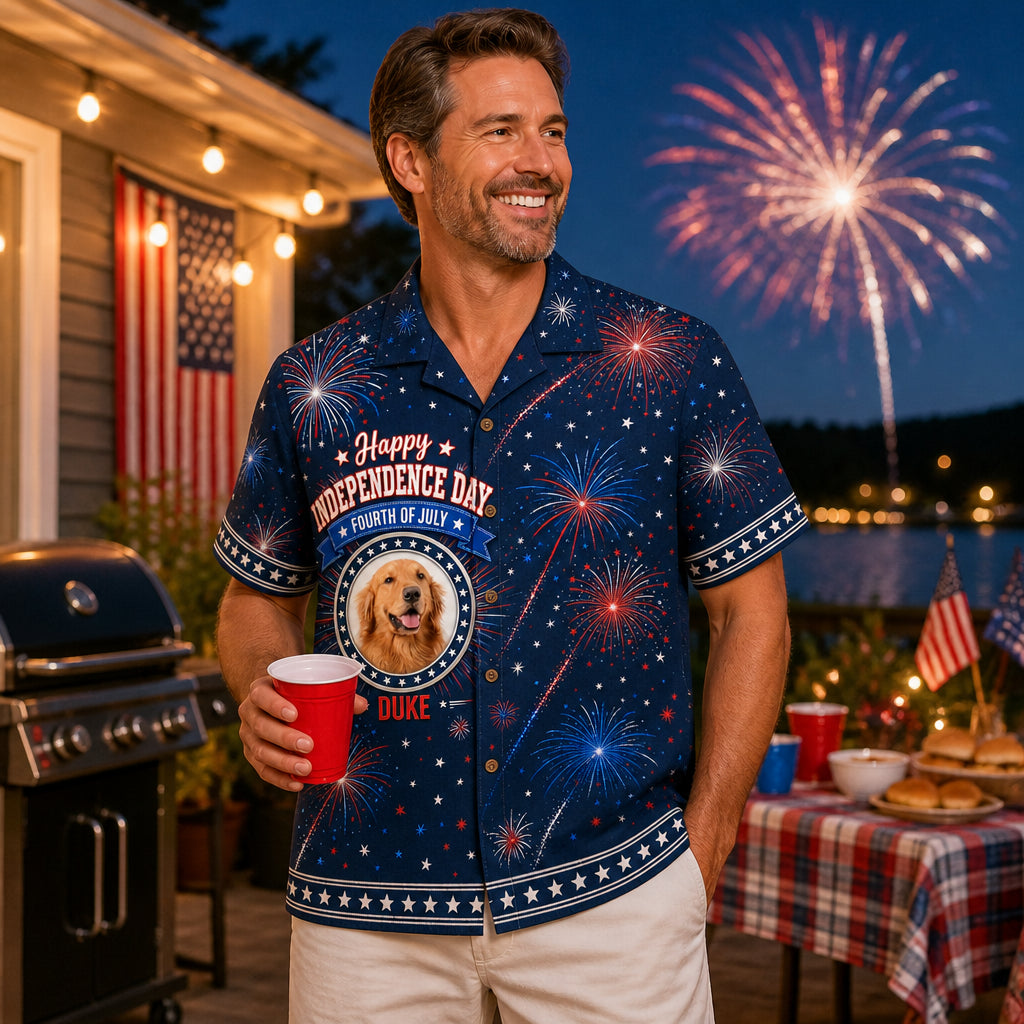4th of July Fireworks Pet Photo Hawaiian Shirt - Lifestyle 1