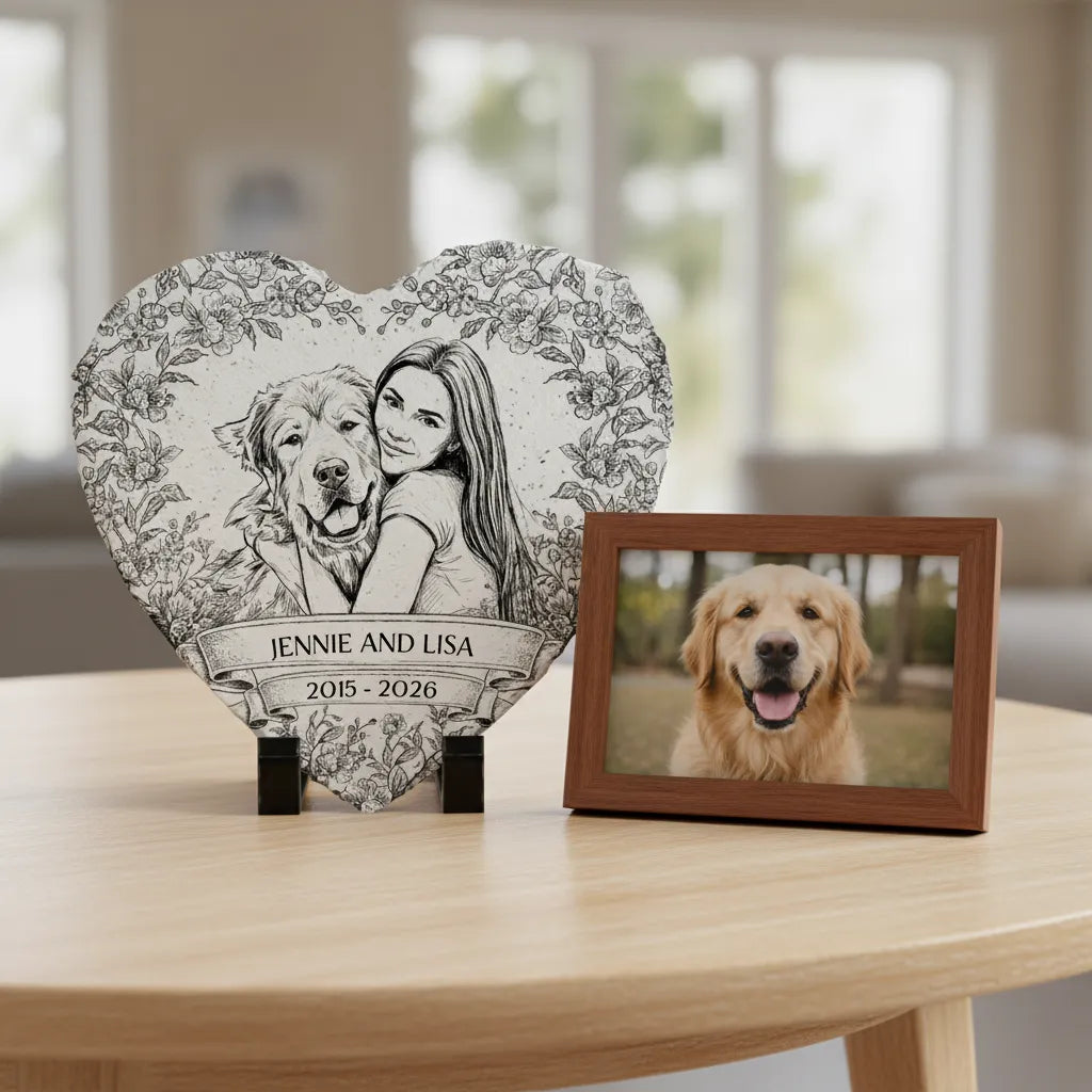 Custom Photo Pencil Sketch Forever Loved Dog Cat Portrait - Personalized Heart Memorial Garden Stone
