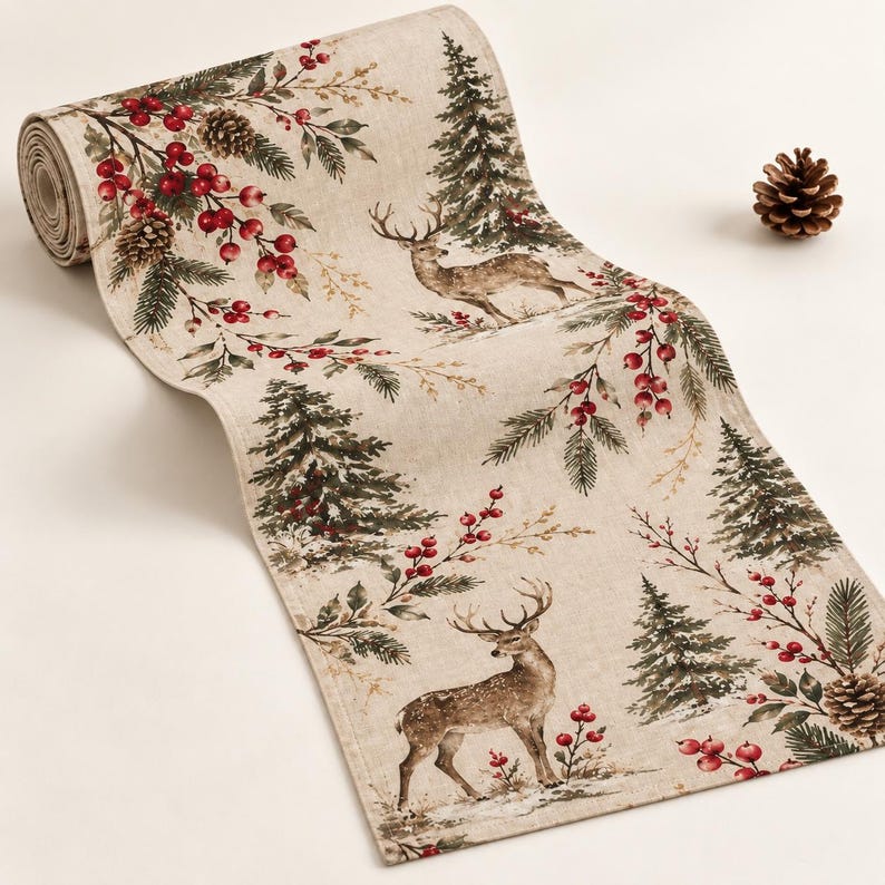 Christmas Table Runner, Woodland Deer Holiday Decor, Botanical Reindeer Runner, Elegant Rustic Christmas Dining Gift 9000e178-dbec-4f7c-bc70-cb457b176294--3.jpg