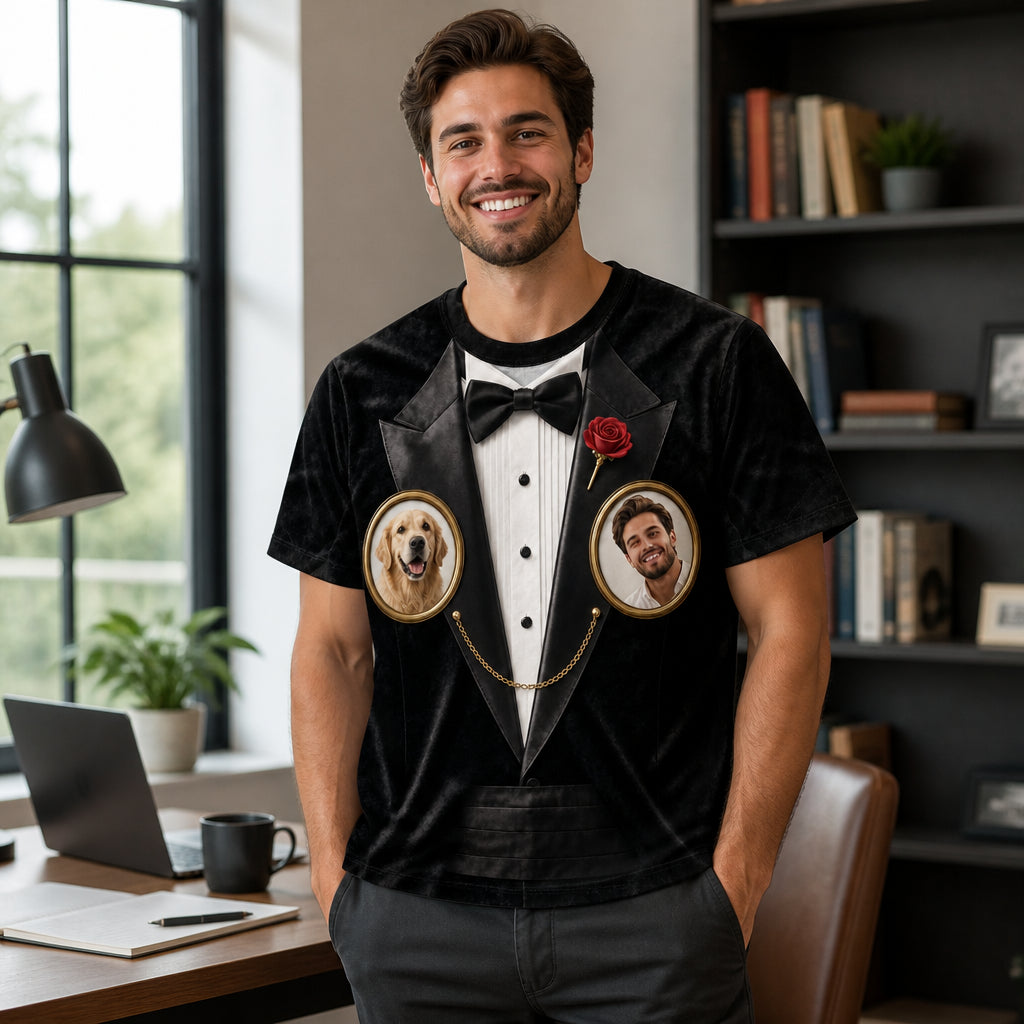 Tuxedo Cameos – Your Face & Pet Face AOP Tee - Lifestyle 1