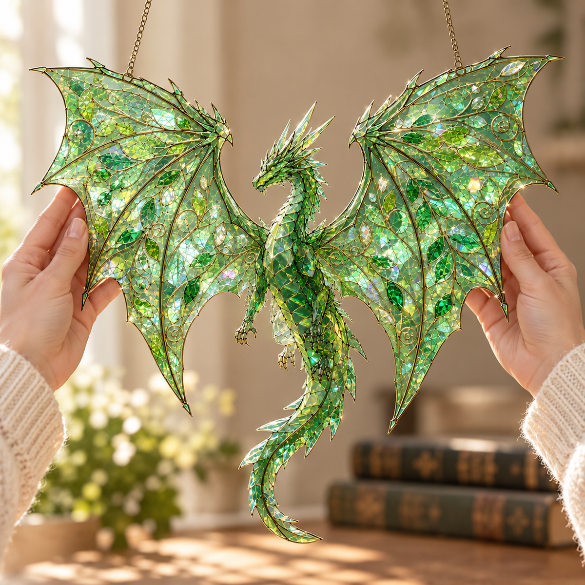Green Dragon Suncatcher, Holographic Window Hanging for Fantasy Lovers, Unique Gift 940b01a6-2660-408c-93f3-8325d1dccaad-M-t-treo-r-ng-k-nh-xanh-ng-c-3.png