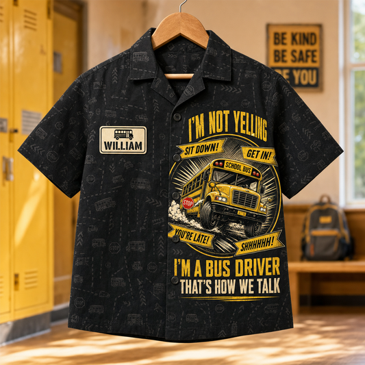 I'm Not Yelling Bus Driver Kids AOP Shirt – Name Badge - Personalized Hawaiian Kids Shirt - AOP 98e14449-09f3-432e-8dd7-82d762b6203d.png