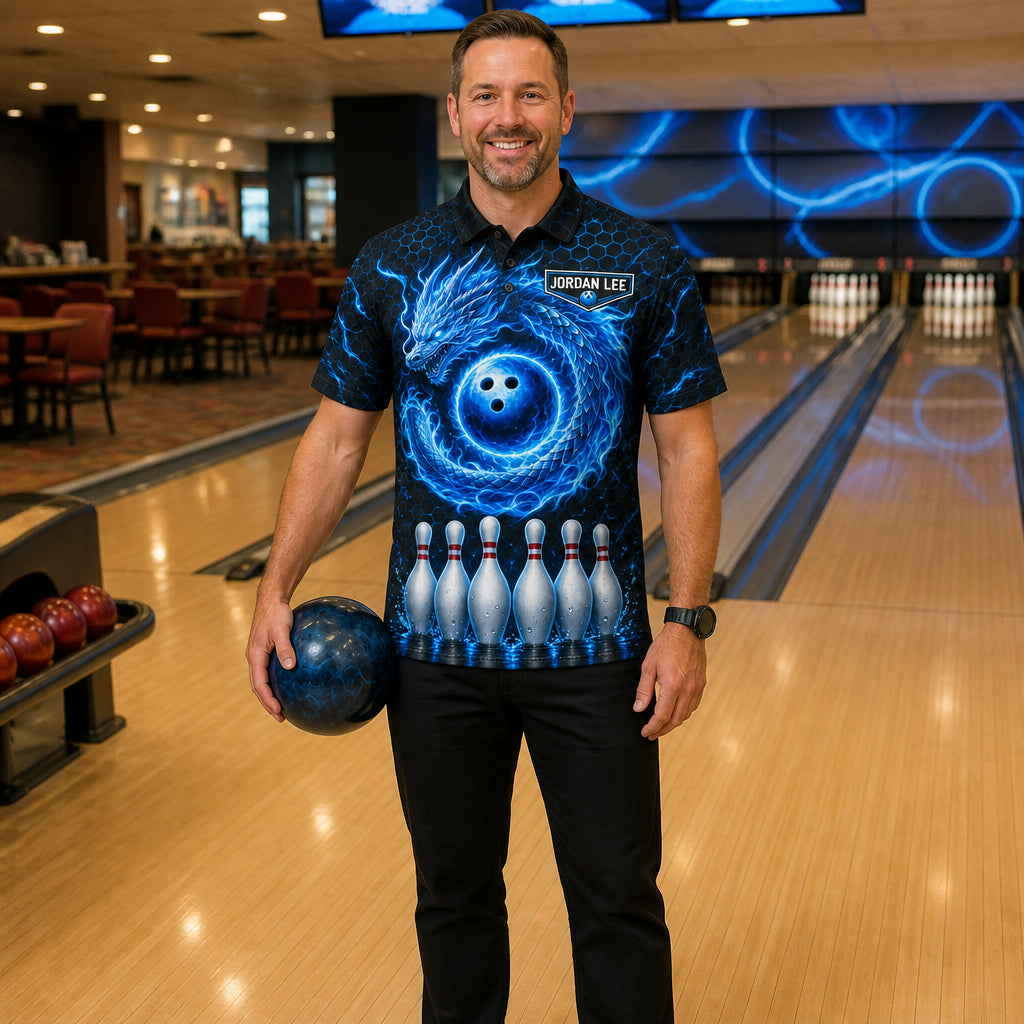 Personalized Ice Dragon Bowling Polo Shirt – Custom Name, All-Over Print