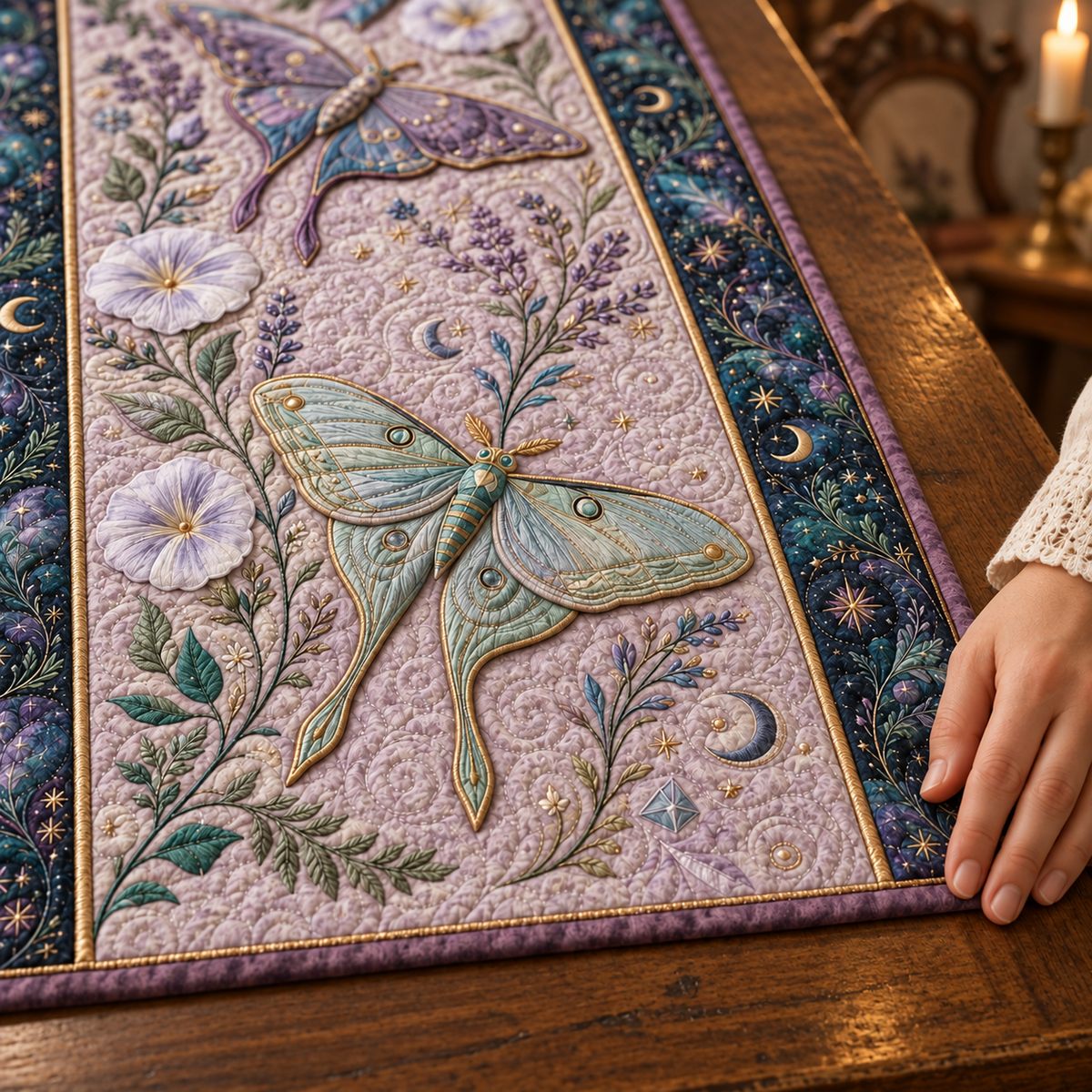 Quilted Luna Moth Table Runner, Celestial Botanical Decor, Asthetic Gift 9bb51bd8-2048-44fd-885d-a7eb31cb5310-Vintage-Moth-on-Lavender-Runner-6.png
