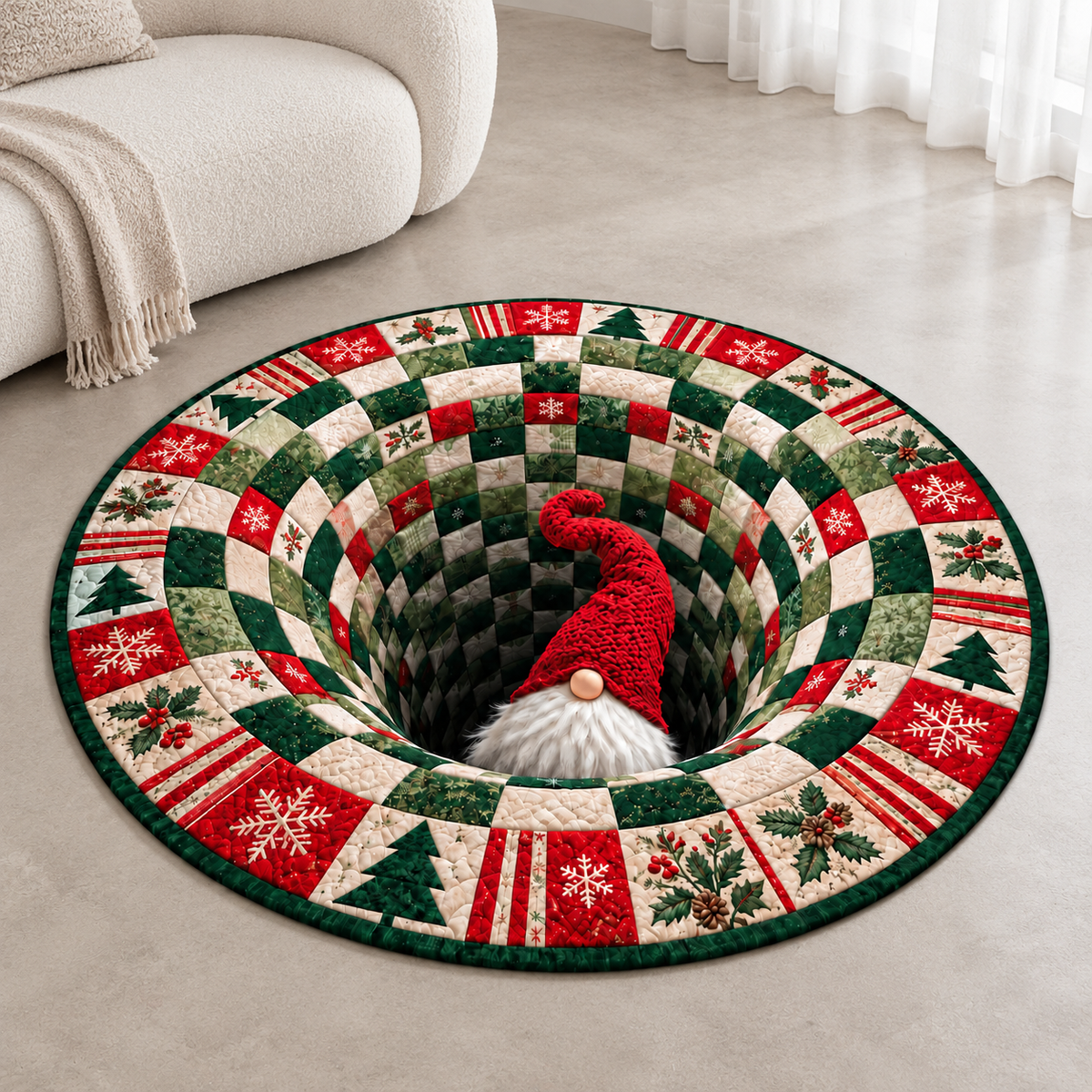 Christmas Gnome 3D Illusion Round Rug, Festive Patchwork Optical Illusion Carpet, Red Green Holiday Area Rug, Winter Home Decor 9bf779b6-738f-4d6f-96b3-a68d45d9a4fe-Th-m-o-nh-Gi-ng-Sinh-3D-1.png