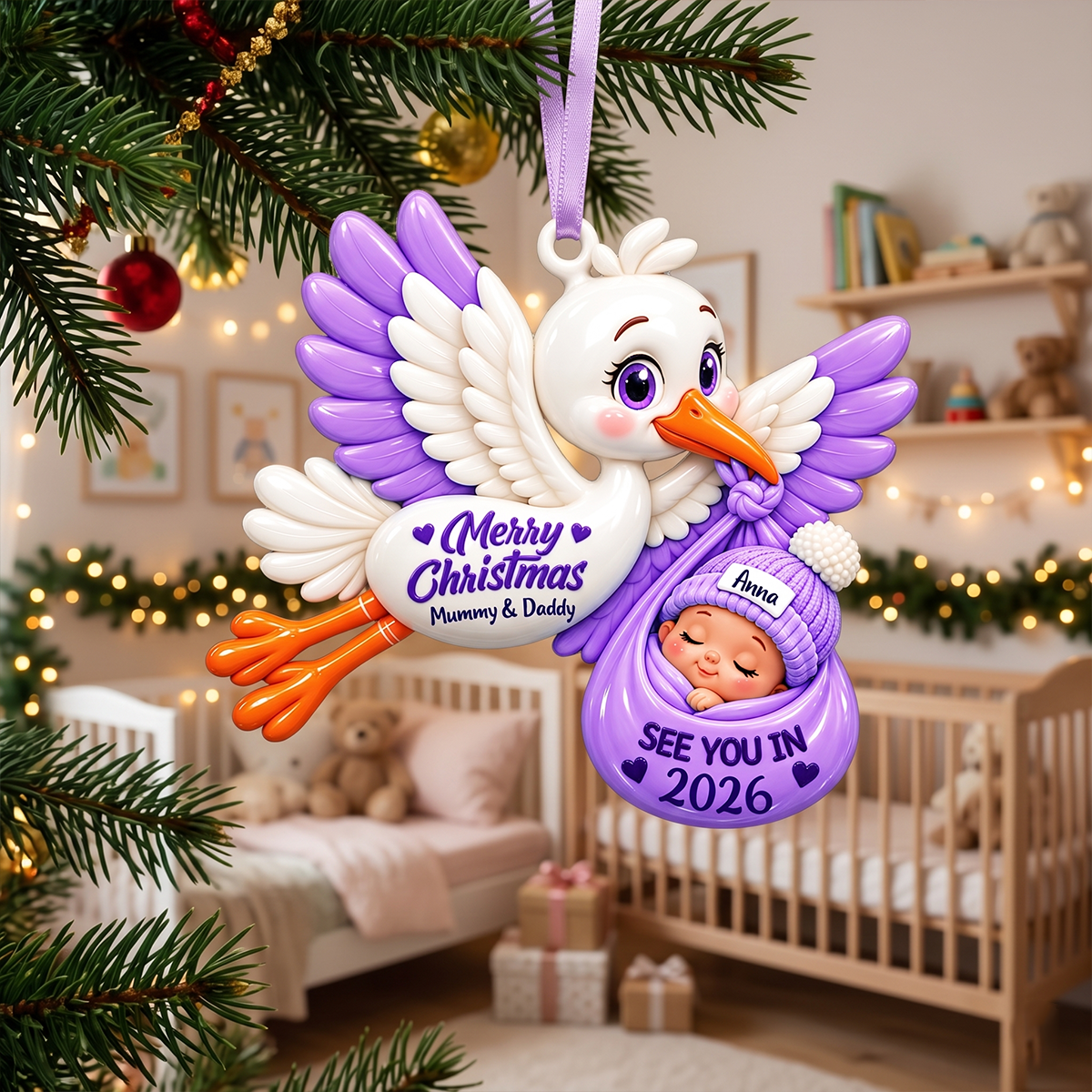 Stork Carrying Baby  - Personalized Real 3D Raised Ornament 9c3683b1-954f-4a84-935f-ce15b6f153d5-3-2-.png